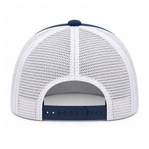 Casquette Trucker personnalisée bleu marine et blanc en maille, à visière plate, structurée, 6 panneaux, broderie promotionnelle, casquette snapback - Product Image 2