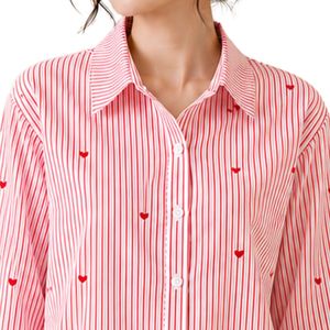 <b>Red</b> White Striped Women Button Down Shirt Long Sleeve Cotton <b>Blouse</b> Heart Embroidery Loose Fit Casual Fashion Oversized Top - Product Image 5