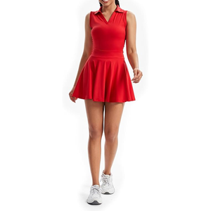 Women Red <b>Sleeveless</b> Polo Collar <b>Golf</b> Dress Sporty A Line Skirt Quick Dry Knitted Solid Color <b>Top</b> - Product Image 5