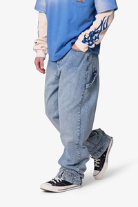 Jeans pour hommes de haute qualité, coupe ample, bleu délavé vintage, style streetwear hip-hop, OEM ODM, en coton respirant - Product Image 5