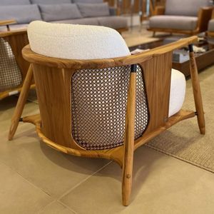 Teak Wood Lounge Chair with Rattan <b>Backrest</b> – Scandinavian Minimalist Design - Product Image 2