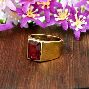 Bague signet pour homme en or vermeil 18 carats avec rubis rouge de forme carrée, en argent sterling 925, bijoux fins, bague de fête, style minimaliste - Product Image 1