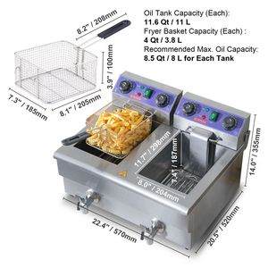 Friggitrice Elettrica Commerciale da Banco a Doppia Vasca 3000W in Acciaio Inox con Cestello 2 X 11.6Qt/11L 6L/10L - Product Image 4