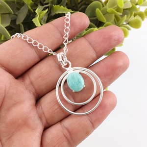 Pendentif de mode en Amazonite et Argent Sterling 925, design cercle vintage, en laiton plaqué argent, fait main, coupe ovale avec sertissage à griffes - Product Image 2