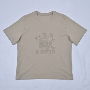 Women Beige Crew Neck Short Sleeve Cotton <b>T</b> <b>Shirt</b> Regular Fit Casual Digital Floral <b>Sequin</b> Embroidery Jersey 220g Spring Summer - Product Image 5
