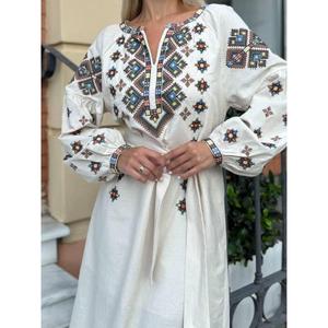 Robe brodée beige Vishivanka 100% coton décontractée coupe trapèze longueur genou taille naturelle vêtement ukrainien cadeau - Product Image 3
