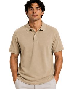 Polo Beige para Hombre, Manga Corta, Tela de Algodón Piqué, Diseño Liso Informal, Cuello Camisero, Polo Clásico Personalizado de Verano - Product Image 1