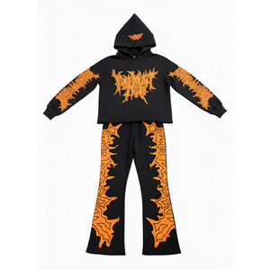 Ensemble de survêtement graphique noir personnalisé : sweat à capuche et pantalon large, tenue de sport décontractée deux pièces style streetwear - Product Image 6