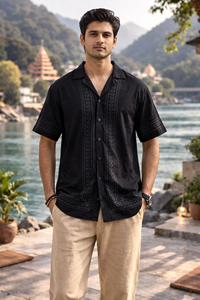 Premium Men’s White Cotton <b>Half</b> Sleeve <b>Shirt</b> Traditional Indian Hand-Block Print Casual Ethnic Fashion for Men - Product Image 2
