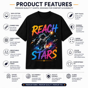 Camiseta Negra para Hombre con Estampado de Astronauta Reach The Stars, Manga Corta, Cuello Redondo, Corte Regular, Informal, 100% Algodón Jersey, Transpirable - Product Image 5