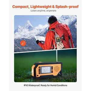 Radio météo portable d'urgence 2000 mAh avec alerte FM/AM/WB/NOAA, manivelle solaire et chargement USB, alarme SOS - Product Image 3