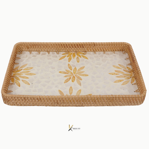Bandeja de Servir Rectangular de Madera con Tejido de Ratán y Madreperla, Hecha a Mano, Ecológica, Elegante, Duradera, Decoración para el Hogar, Regalo de Inauguración - Product Image 1