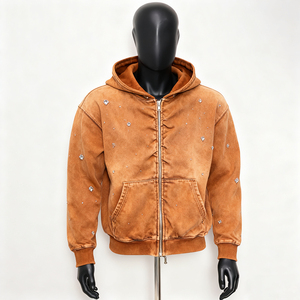Sweat-shirt à capuche zippé pour homme, marron, avec strass, veste en polaire décontractée, coupe classique, style automne - Product Image 1