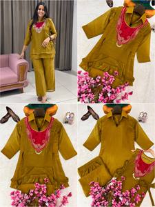 Ensemble Kurta et Palazzo Crusty Silk HENIXA CREATION pour femme, coupe ajustée, style traditionnel indien pakistanais, décontracté, longueur cheville, séchage rapide - Product Image 3