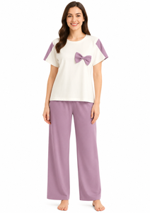 Women's <b>White</b> Lavender Bow Night Suit Spandex/Nylon Blend Half Sleeve T Shirt Relaxed Fit Pajama Pants Two <b>Piece</b> Summer - Product Image 1