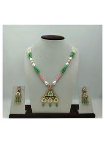 Elegant Silver Beaded <b>Necklace</b> <b>Set</b> with Green Pink <b>Pearls</b> Traditional Pendant and Matching Earrings for Wedding Festive Wear - Product Image 2