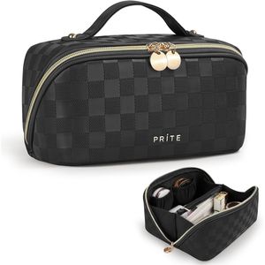 Women's Waterproof Vegan Leather <b>Travel</b> Makeup <b>Bag</b> Open Flat for Toiletry Organizer with <b>Clear</b> Divider and Handle - Product Image 1