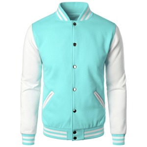 <b>Men's</b> Turquoise Varsity <b>Jacket</b> <b>White</b> Sleeves PU Fabric Single Button Closure Stand Collar Regular Fit Autumn Casual Wear - Product Image 1