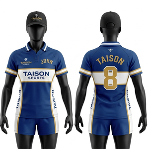 เสื้อรักบี้หญิง พรีเมียม ผ้าโพลีเอสเตอร์อินเตอร์ล็อค 260 GSM สีน้ำเงิน ขาว ทอง ดีไซน์ลายแผง  แบบซับลิเมชั่น  โลโก้สั่งทำได้ - Product Image 1