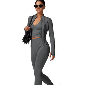 ชุดเสื้อผ้าออกกำลังกายสำหรับผู้หญิงกางเกงขาสั้นสำหรับเล่นโยคะแบบมีซิปแขนกุดระบายอากาศได้ดีดีไซน์ไร้รอยต่อ - Product Image 2