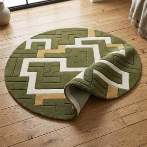 Tapis rond moderne abstrait en laine tuftée, antidérapant, pour salon, vert, beige, gris - Product Image 6