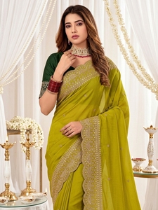 AARA Fashion Green Embroidered Silk Saree <b>Blouse</b> for Women Wedding Traditional Floor Length Regular Fit Sun Protection India - Product Image 6