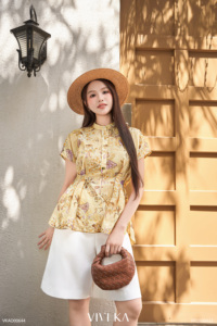 Women's <b>Linen</b> Floral Print Chiffon Blouse Mandarin Collar Cap Sleeve Loose Fit Casual Spring Summer <b>Top</b> VENUS - Product Image 3