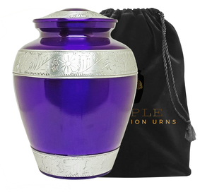 Urne funéraire en métal violet pour cendres humaines |   Urne funéraire pour adulte gravée de fleurs argentées |   Urne commémorative écologique de 220 pouces cubes - Product Image 2