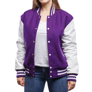 Veste universitaire violette à manches blanches, fermeture boutonnée, style preppy, coupe classique, unisexe, pour l'automne, en coton et polyester. - Product Image 1