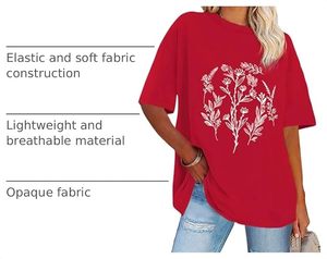 T-shirt en coton à manches courtes et col rond pour femme, imprimé floral rouge, coupe ample, décontracté, printemps-été - Product Image 3