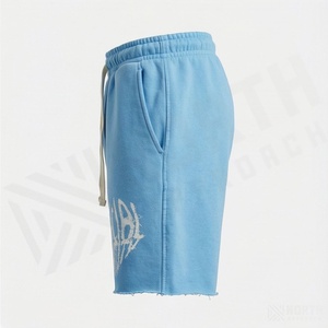 Shorts en coton personnalisés pour hommes, style streetwear, écologiques, effet délavé soleil, délavé à l'acide, en molleton épais, avec appliqué vieilli - Product Image 3