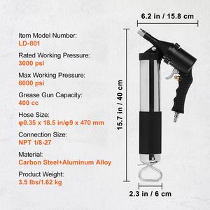 Pistola per ingrassaggio ad aria compressa in acciaio da 6000 PSI, capacità 14 OZ/400 CC, con tubo flessibile da 18,5 pollici e 1 colore nero - Product Image 3