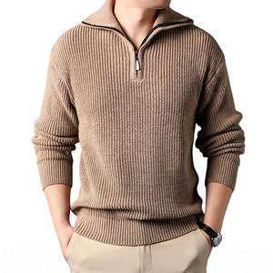 Pull en laine 100% pour homme, tricoté épais, avec fermeture éclair 1/4, col rabattu, couleur unie, vêtements d'hiver - Product Image 3