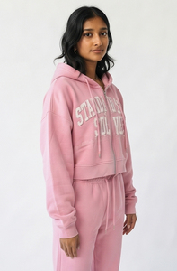 Conjunto de chándal con capucha y cremallera para mujer, de algodón, con sudadera corta y pantalones de chándal apilados, conjunto de chándal oversize para mujer, forro polar de 400 GSM - Product Image 4