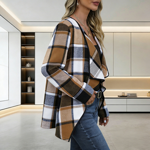 Oferta especial en cárdigan a cuadros de moda Temu para mujer, con cuello en cascada, manga larga, para uso diario en otoño. - Product Image 3
