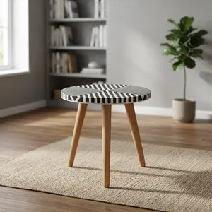 Mesa Auxiliar de Madera Hecha a Mano con Incrustaciones de Hueso, Patrón Chevron, Tapa Redonda, Mueble Decorativo para Sala de Estar Moderna - Product Image 5
