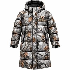 Veste longue à capuche pour homme, imprimé marbré rouge, rembourrée de duvet, coupe-vent, style sportif d'hiver avec fermeture éclair - Product Image 6