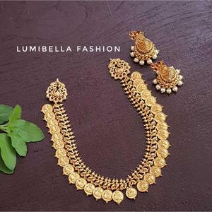 Fashion Jewelry Set Kasu Mala Neckset with Jhumki Earrings - Product Image 3