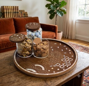 Plateau décoratif rond en bois avec motif géométrique gravé pour table basse, style Japandi, décoration intérieure - Product Image 1
