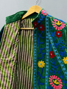 Bohemian Floral Embroidered Woven 100% Cotton Velvet Soft All Seasons Bomber Jacket Windproof Breathable Suzani Stand Collar - Product Image 3