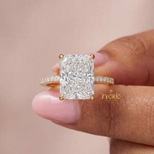 Anillo de Compromiso de Lujo con Diamante Cultivado en Laboratorio, Corte Radiante, Engaste Pavé, Chapado en Oro de 14K, Regalo de Aniversario de Bodas para Mujer, a la Moda - Product Image 1