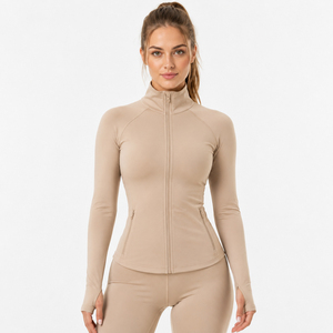 Veste de yoga à manches longues pour femme, en tricot de spandex et polyester, veste de compression, vêtements de sport pour femmes, couche de base, fermeture éclair, col montant - Product Image 1