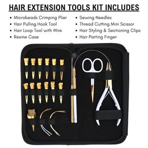 Hair Extension Tools Kit Stainless Steel Microbeads <b>Crimping</b> Plier Pulling Hook Loop Tool Parting Finger Rexine Case <b>Set</b> - Product Image 2