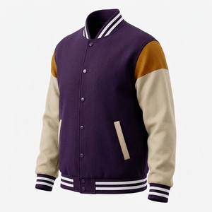 <b>Men's</b> <b>Purple</b> Varsity Jacket Color Block Fleece Casual Autumn Outerwear Regular Fit Turn-down Collar Zipper Closure - Product Image 4