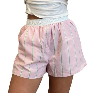 Women's Striped High Waist <b>Elastic</b> Shorts <b>Skirt</b> Casual Loose Fit 100% Cotton Oxford Fabric Breathable With Pockets - Product Image 4
