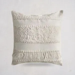 Moroccan I-Handwoven Eco-Friendly Cotton Square Cushion Cover Tassel Embroidery | Decorative Boho <b>Throw</b> <b>Pillow</b> Case | Removable - Product Image 1