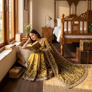 Luxury Handcrafted <b>Tissue</b> Organza Silk Saree Heavy Cutdana Hand Work Embroidery Swarovski Crystals Indian <b>Wedding</b> Party Bridal - Product Image 3