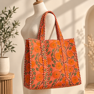 Floral Quilted Canvas <b>Tote</b> <b>Bag</b> with <b>Zipper</b> Closure Braided Strap Shoulder Handbag Fashion Large Capacity Shopping Carryall - Product Image 1