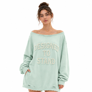Customized Off Shoulder <b>Distressed</b> Hem Sweatshirt Women's Oversized French Terry Sweatshirt <b>Distressed</b> Embroidered Fleece <b>Top</b> - Product Image 1