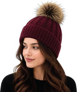 Chunky Cable Knit Mohair <b>Wool</b> <b>Beanie</b> Winter Hat with Faux Fur Pom Pom for Women Men Adults Unisex - Product Image 1